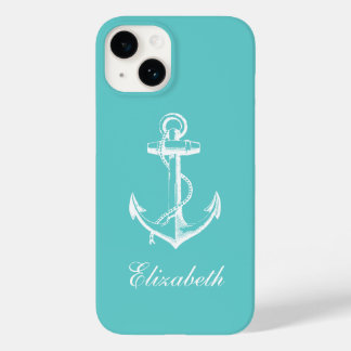 Coque Pour iPhone 14 Monogramme d'Ancre Vintage Turquoise
