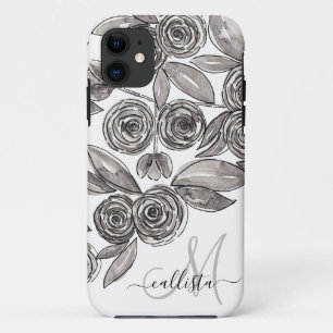 Case-Mate iPhone Case Monogramme d'aquarelle florale noir moderne