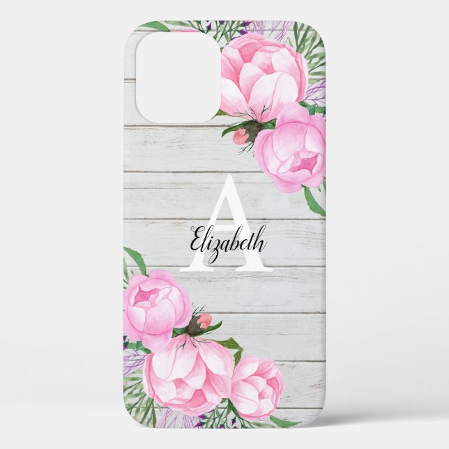 Coques Case-Mate iPhone Monogramme d'aquarelle rose de pivoine de bois rus (Verso)