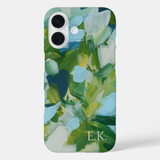 Coque Pour iPhone 16 Monogramme d'art Abstrait vert Nom personnalisé