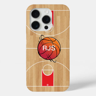 Coque iPhone 15 Pro Monogramme de basket-ball sur terrain de basket-ba