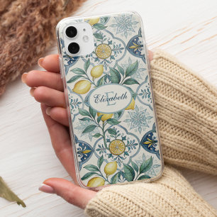 Coque Case-Mate iPhone Monogramme de carreau bleu motif de citron de camp