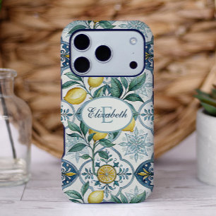 Coque Case-Mate iPhone Monogramme de carreau bleu motif de citron de camp