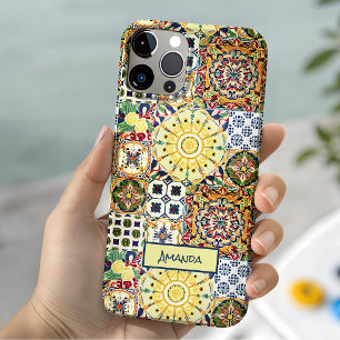 Coque Case-Mate iPhone Monogramme de carreaux orange méditerranéen géomét