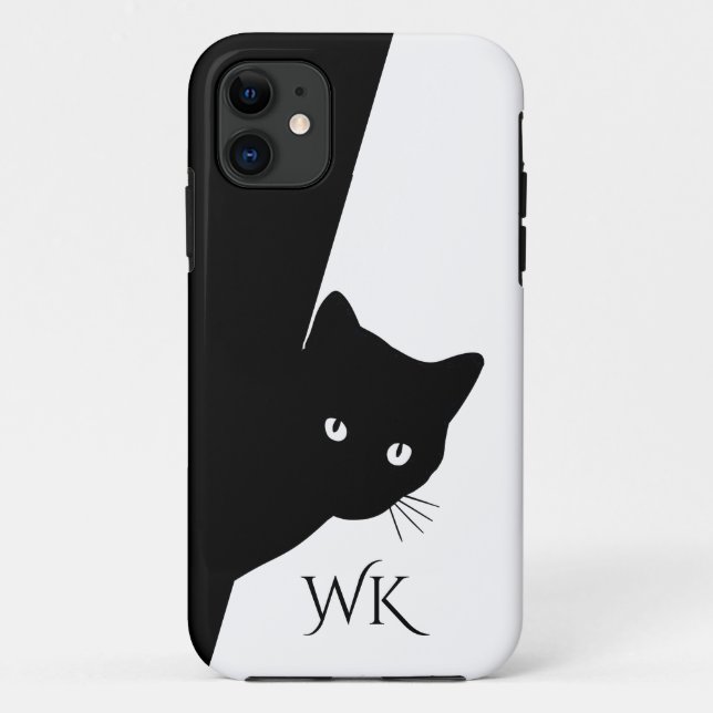 Coques Case-Mate iPhone Monogramme de chat noir rusé (Dos)