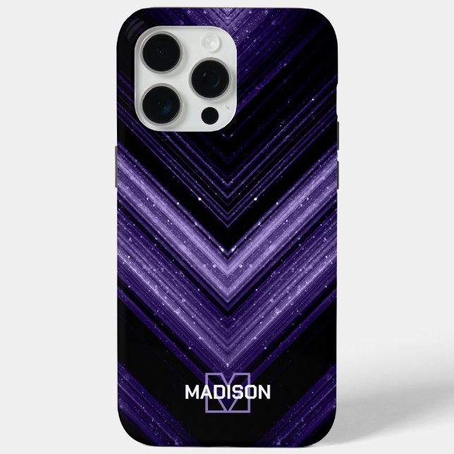 Coques Case-Mate iPhone Monogramme de chevron noir violet de néon en métal (Verso)