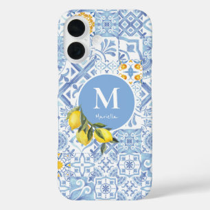 Coque Pour iPhone 16 Monogramme de citron, carreau bleu