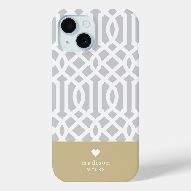 Coques Case-Mate iPhone Monogramme de coeur gris et or Trellis (Verso)
