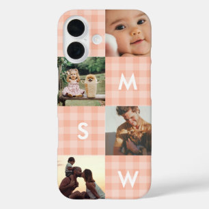 Coque Pour iPhone 16 Monogramme de collage photo moderne à carreaux ros
