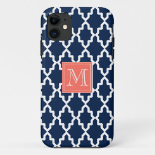 Coque iPhone 11 Monogramme de corail marocain de bleu marine