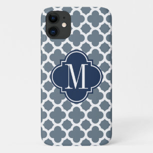 Coque Case-Mate iPhone Monogramme de coutume de Quatrefoil de bleu marine