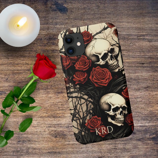 Coques Case-Mate iPhone Monogramme de crâne gothique et de roses rouges (Créateur téléchargé)