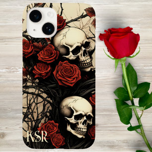 Coque Case-Mate iPhone Monogramme de crânes gothiques et de roses rouges 