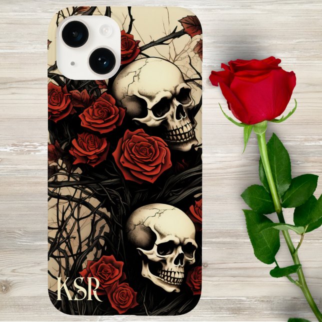 Coques Case-Mate iPhone Monogramme de crânes gothiques et de roses rouges  (Créateur téléchargé)