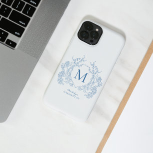 Coque Case-Mate iPhone Monogramme de crête Florale Bleu Français Classiqu