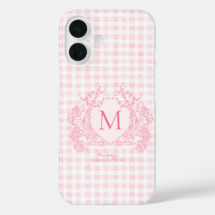 Coque Pour iPhone 16 Monogramme de crête florale rose En vichy