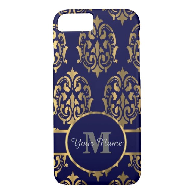 Coques Case-Mate iPhone Monogramme de damassé de marine et d'or (Dos)