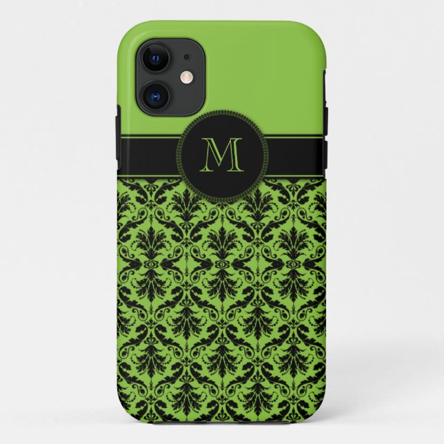 Coques Case-Mate iPhone monogramme de damassé de noir de vert de chaux (Dos)
