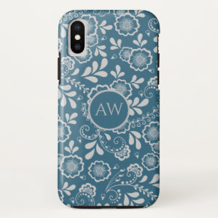 Case-Mate iPhone Case Monogramme de dentelle florale en argent et bleu v