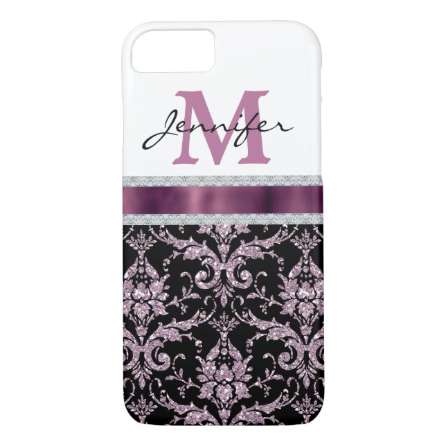 Coques Case-Mate iPhone Monogramme de diamant Violet Pink Damask Faux (Dos)