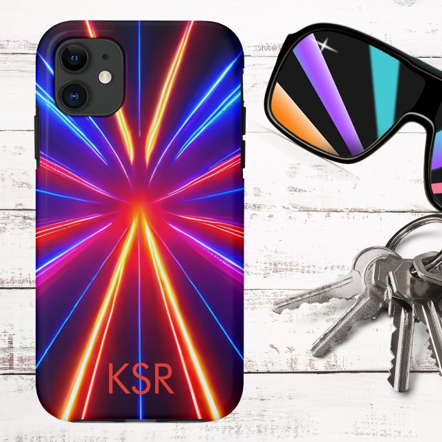 Coques Case-Mate iPhone Monogramme de faisceaux de lumière laser néon futu (Créateur téléchargé)