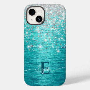 Coque Case-Mate iPhone Monogramme de fausse parties scintillant Turquoise
