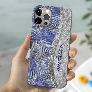 Coque Case-Mate iPhone monogramme de feuilles pailletées bleu violet arge