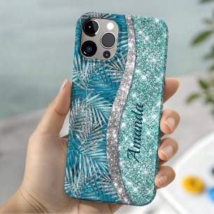 Coque Case-Mate iPhone Monogramme de feuilles pailletées sarcelle verte a