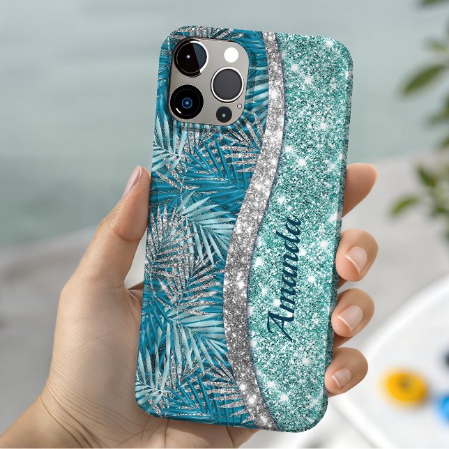 Coques Case-Mate iPhone Monogramme de feuilles pailletées sarcelle verte a (Créateur téléchargé)