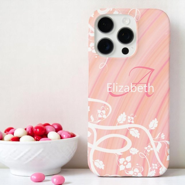 Coques Case-Mate iPhone Monogramme de fille personnalisée Nom rose blanc f (Monogram and name template phone case)