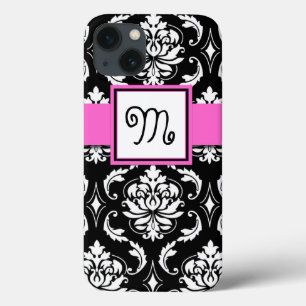 iPhone 13 CASE MONOGRAMME DE FILLE, ROSE, MODÈLE DE DOMMAS NOIR
