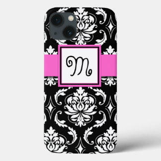 iPhone 13 CASE MONOGRAMME DE FILLE, ROSE, MODÈLE DE DOMMAS NOIR