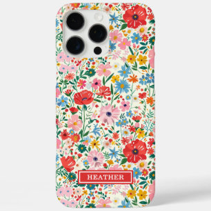 Coque iPhone 16 Pro Max Monogramme de fleurs à pois rouges et roses