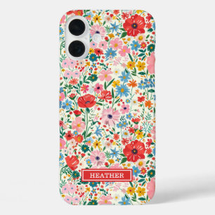 Coque Pour iPhone 16 Plus Monogramme de fleurs à pois rouges et roses
