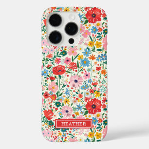 Coque iPhone 16 Pro Monogramme de fleurs à pois rouges et roses