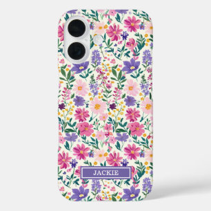 Coque Pour iPhone 16 Monogramme de fleurs ditsy rose et violet