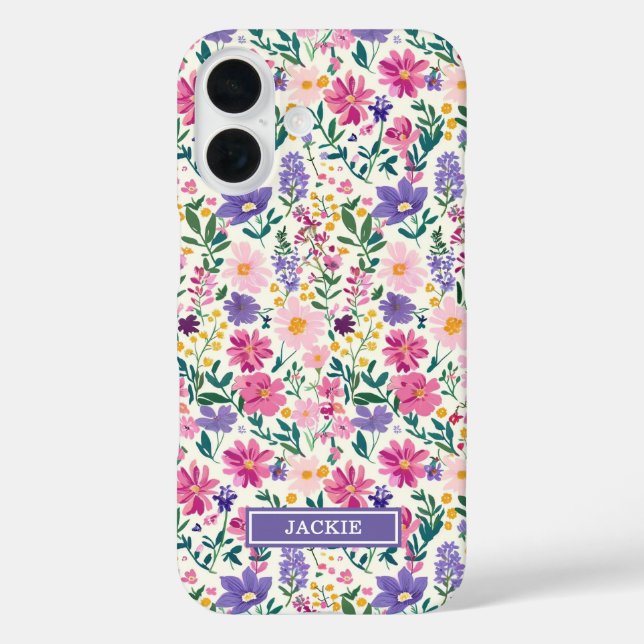 Coques Case-Mate iPhone Monogramme de fleurs ditsy rose et violet (Verso)
