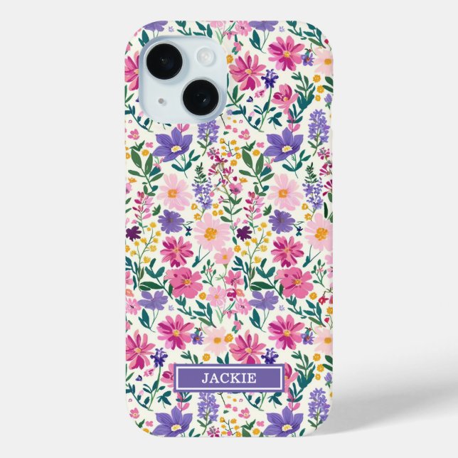 Coques Case-Mate iPhone Monogramme de fleurs ditsy roses et violettes (Verso)