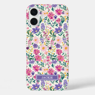 Coque Pour iPhone 16 Plus Monogramme de fleurs ditsy roses et violettes