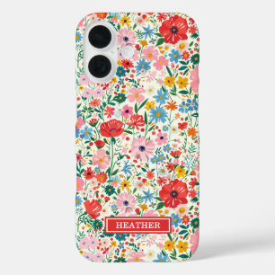 Coque Pour iPhone 16 Monogramme de fleurs ditsy rouges et roses
