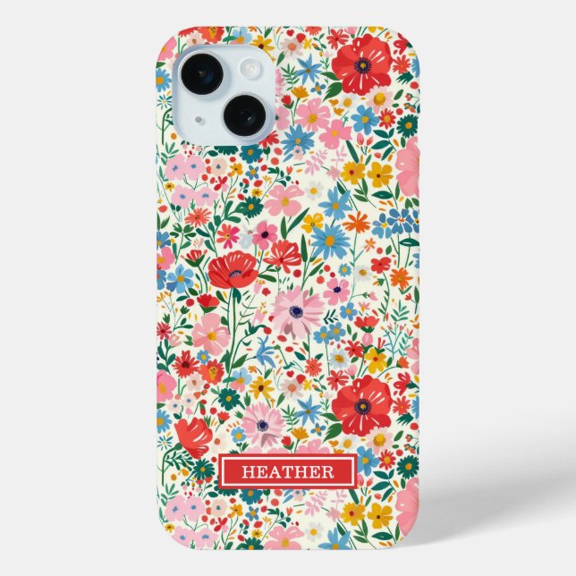 Coques Case-Mate iPhone Monogramme de fleurs Ditsy rouges et roses (Verso)