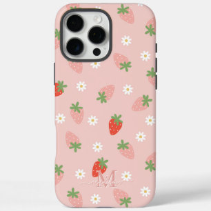 Coque iPhone 16 Pro Max Monogramme de fraises roses et rouges