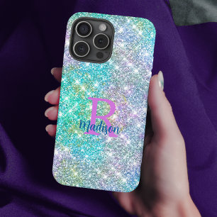 Coque iPhone 16 Pro Monogramme de la fausse parties scintillant bleue