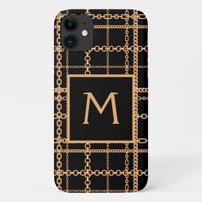Coques Case-Mate iPhone Monogramme de luxe à motif de chaîne en or noir (Dos)