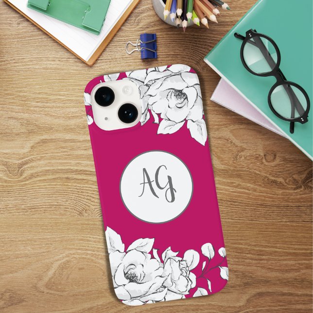 Coques Case-Mate iPhone Monogramme de magenta à la floraison blanche (Créateur téléchargé)