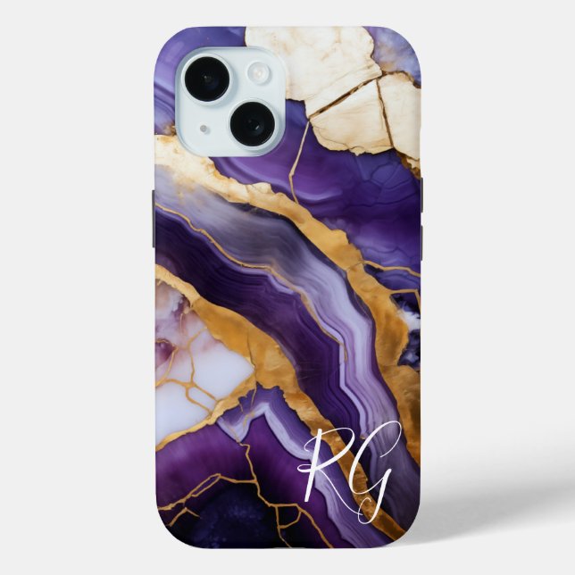 Coques Case-Mate iPhone Monogramme de marbre Abstrait violet or (Verso)