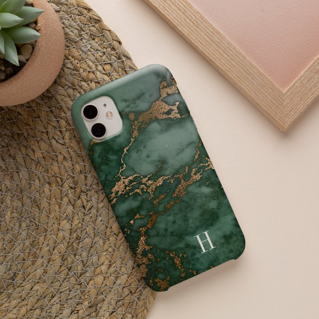 Coques Case-Mate iPhone Monogramme de marbre vert et cuivre de la forêt (Créateur téléchargé)