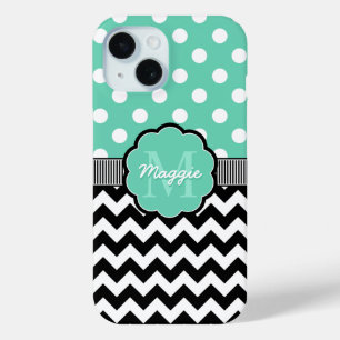 Coque Case-Mate iPhone Monogramme de menthe Pois noire Chevron