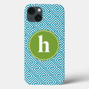 iPhone 13 Coque Monogramme de Motif à clé verte et aquatique