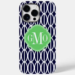 Coques Pour iPhone Monogramme de Motif blanc bleu marine géométrique